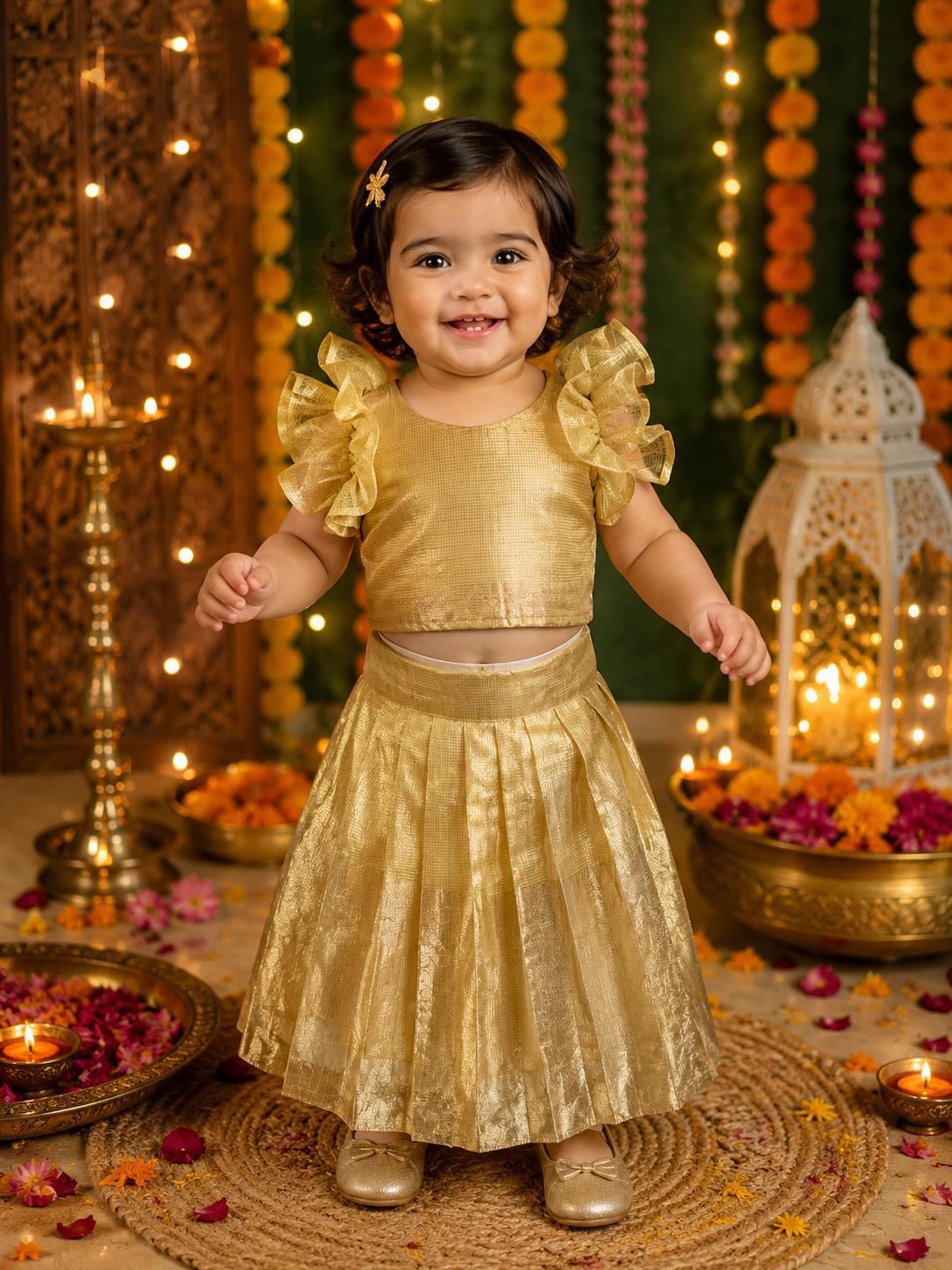 Metallic Gold Tissue Pattu Pavadai Set for Baby Girls